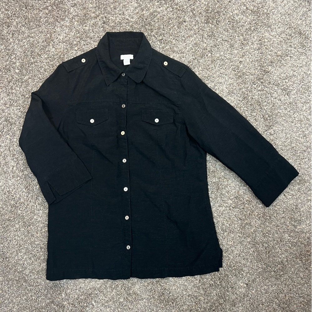 Chicos shirt womens medium black button down casual blouse 3/4‎ sleeves top